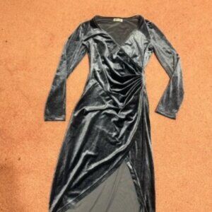 New Small blue velvet long sleeve short stretchy dress cocktail Evening ruched